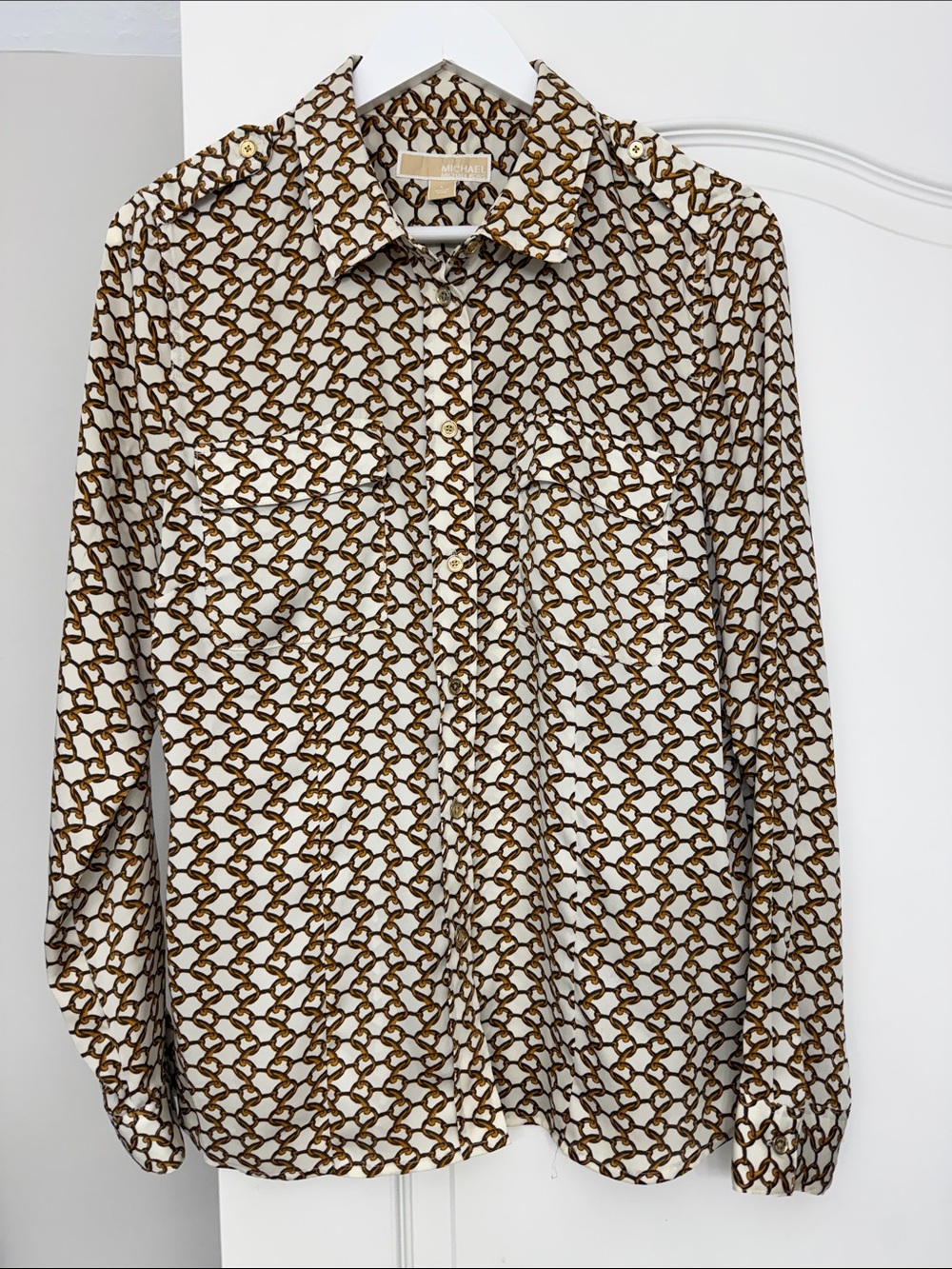 MICHAEL Kors White and Brown Chain-Print Blouse Button-Down Shirt